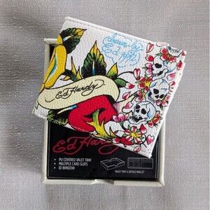 Ed Hardy Skull And Rose Tattoo Print Faux Leather Wallet NEW!